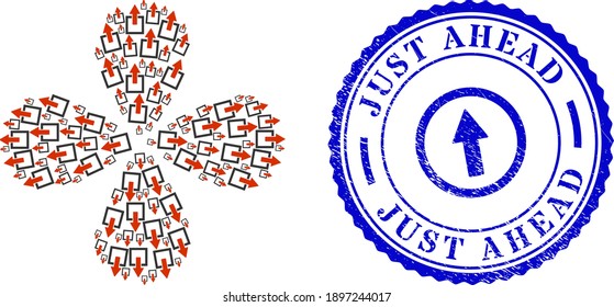 Export arrow exploding flower cluster, and blue round JUST AHEAD rubber print with icon inside. Object flower with 4 petals designed from oriented export arrow symbols.