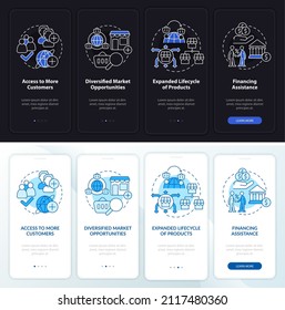 Export business advantages night, day mode onboarding mobile app screen. Walkthrough 4 steps graphic instructions pages with linear concepts. UI, UX, GUI template. Myriad Pro-Bold, Regular fonts used