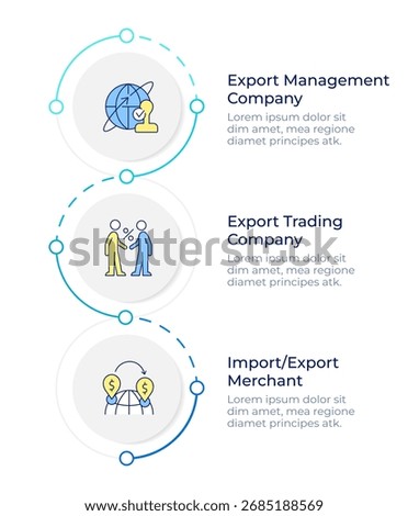 Export company infographic design template. Import business, logistics. Partnership, teamwork. Data visualization 3 options. Process vertical flow chart