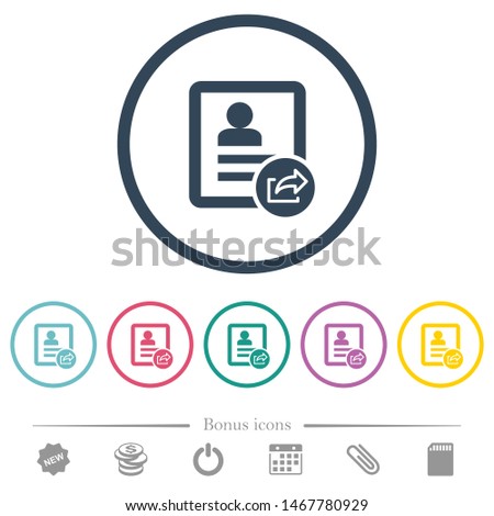 Export contact flat color icons in round outlines. 6 bonus icons included.