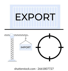 Export container, crane lifting import container, and target symbol. Ideal for global trade, shipping logistics, import-export business, supply chain management, business strategy, international