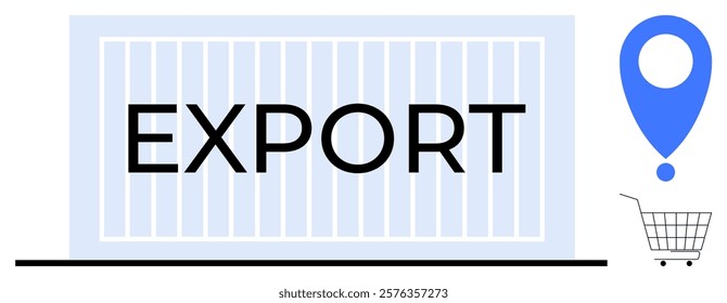 Export container with geolocation and shopping cart symbols. Ideal for logistics, global trade, shipping, export business, and commerce themes. Clean, modern style