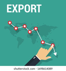 export decreasing concept - world map and business man hand with decreasing arrow.Conceptual vector illustration in flat style design.Isolated on background.
