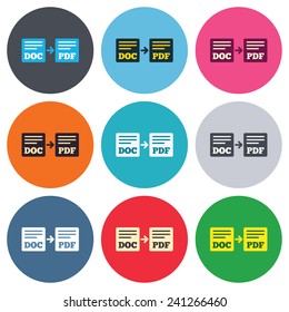 Export DOC to PDF icon. File document symbol. Colored round buttons. Flat design circle icons set. Vector