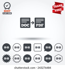 Export DOC to PDF icon. File document symbol. Circle, star, speech bubble and square buttons. Award medal with check mark. Thank you ribbon. Vector