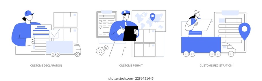 Export documents abstract concept vector illustration set. Customs declaration, legal permit for export, submit customs registration, cross border, foreign trade business abstract metaphor.