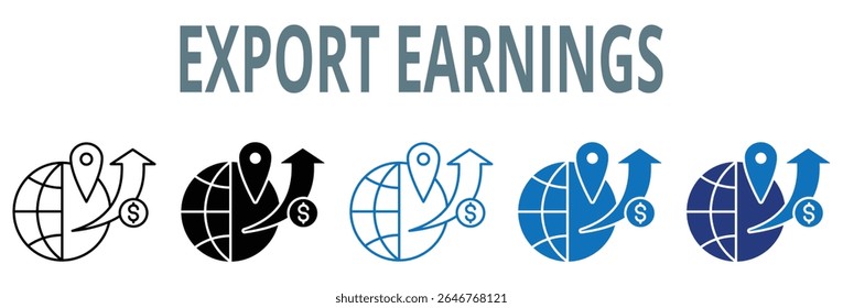 SymbolSet "Einnahmen exportieren". Symbol, Vektorgrafik, Illustration, Handel, Bilanz, Export, Einnahmen, Einnahmen, Gewinne, Verkäufe enthalten