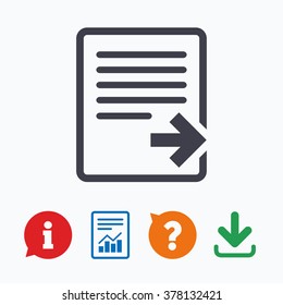 Export file icon. File document symbol. Information think bubble, question mark, download and report.