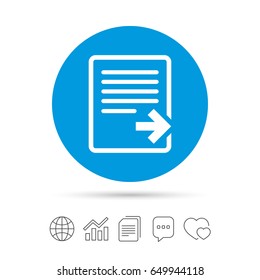 Export file icon. File document symbol. Copy files, chat speech bubble and chart web icons. Vector