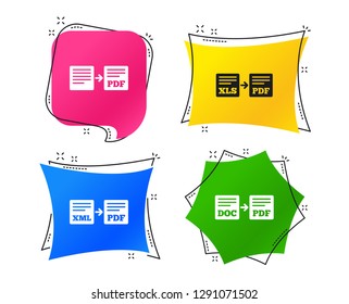 Export file icons. Convert DOC to PDF, XML to PDF symbols. XLS to PDF with arrow sign. Geometric colorful tags. Banners with flat icons. Trendy design. Vector