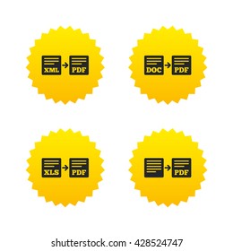 Export file icons. Convert DOC to PDF, XML to PDF symbols. XLS to PDF with arrow sign. Yellow stars labels with flat icons. Vector