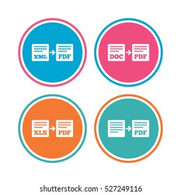 Export file icons. Convert DOC to PDF, XML to PDF symbols. XLS to PDF with arrow sign. Colored circle buttons. Vector