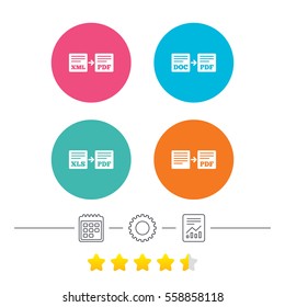 Export file icons. Convert DOC to PDF, XML to PDF symbols. XLS to PDF with arrow sign. Calendar, cogwheel and report linear icons. Star vote ranking. Vector