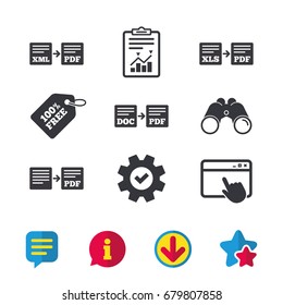 Export file icons. Convert DOC to PDF, XML to PDF symbols. XLS to PDF with arrow sign. Browser window, Report and Service signs. Binoculars, Information and Download icons. Stars and Chat. Vector