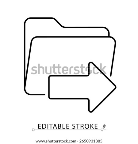 An export folder icon in minimalist style with editable stroke. File transfer, data output, digital distribution, document sharing, content movement, cloud export, outline object, vector illustration.