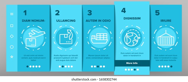 Export Global Logistic Onboarding Icons Set Vector. Truck Cargo And Ship With Container, Airplane And Box, Storage And Globe Export Illustrations