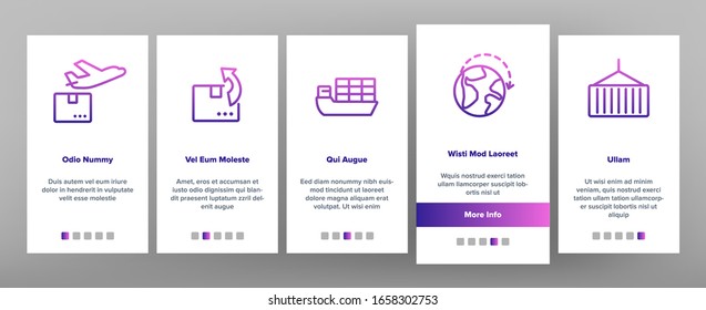 Export Global Logistic Onboarding Icons Set Vector. Truck Cargo And Ship With Container, Airplane And Box, Storage And Globe Export Illustrations