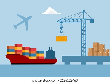 Ejemplo vectorial del concepto de importación de bienes de exportación y impuestos sobre los servicios. Logística de carga cargando el buque contenedor con grúa de trabajo en diseño plano.