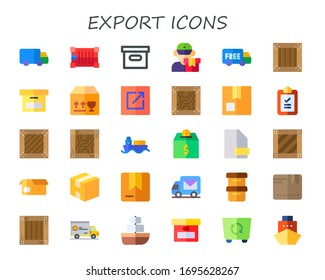 export icon set. 30 flat export icons.  Simple modern icons such as: shipping, container, package, delivery, crate, box, ship, boxes, moving truck