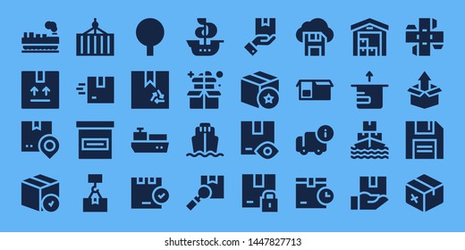 export icon set. 32 filled export icons. on blue background style Collection Of - Cargo, Package, Shipping, Container, Delivery, Box, Cargo ship, Ship, Diskette