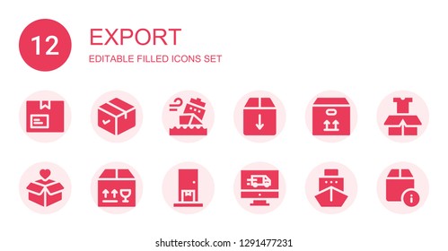 export icon set. Collection of 12 filled export icons included Package, Ship, Box, Delivery