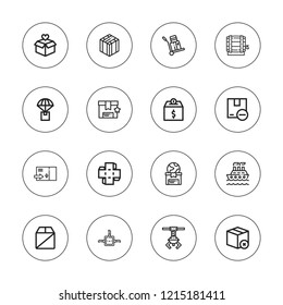Export icon set. collection of 16 outline export icons with barrel, box, delivery, harbor crane, logistic, package icons.