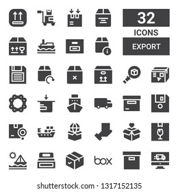 export icon set. Collection of 32 filled export icons included Delivery, Box, Package, Ship, Shipping, Diskette, Chain