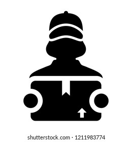 Export icon vector female logistics worker service person profile avatar with cargo package box for courier and delivery in Glyph Pictogram Symbol illustration