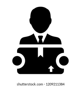 Export icon vector male logistics worker service person profile avatar with cargo package box for courier and delivery in Glyph Pictogram Symbol illustration