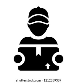 Export icon vector male logistics worker service person profile avatar with cargo package box for courier and delivery in Glyph Pictogram Symbol illustration