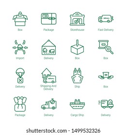 export icons. Editable 16 export icons. Included icons such as Box, Package, Storehouse, Fast delivery, Import, Delivery, Shipping and delivery, Ship. export trendy icons for web.