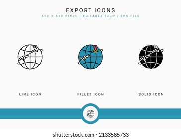 Export icons set vector illustration with solid icon line style. Logistic delivery concept. Editable stroke icon on isolated background for web design, user interface, and mobile app