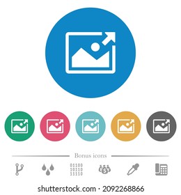 Exportar iconos blancos planos de imagen en fondos de color redondo. 6 iconos de bonificación incluidos.