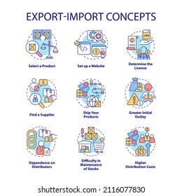 Exportar e importar el conjunto de iconos de concepto de negocio. Ilustraciones en color de delgada línea de idea de emprendimiento. Dibujos de contorno aislados. Trazo editable. Fuentes Roboto-Medium, Myriad Pro-Bold utilizadas