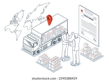 Export and Import Business concept shown through a business handshake over contract documents at a container terminal. Represents global logistics networks and transportation services.