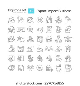 Export import business linear icons set. International trade. Global logistics. Air cargo. Freight forwarding. Customizable thin line symbols. Isolated vector outline illustrations. Editable stroke