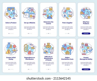 Export and import business onboarding mobile app screen set. Walkthrough 5 steps graphic instructions pages with linear concepts. UI, UX, GUI template. Myriad Pro-Bold, Regular fonts used
