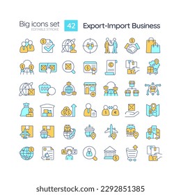 Exportieren Sie die RGB-Farbsymbole für Unternehmen. Internationaler Handel. Globale Logistik. Luftfracht. Spedition. Einzige Vektorgrafiken. Einfache Kollektion von ausgefüllten Zeilenzeichnungen. Bearbeitbarer Hub