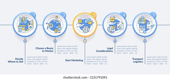 Export And Import Business Tips Circle Infographic Template. Data Visualization With 5 Steps. Process Timeline Info Chart. Workflow Layout With Line Icons. Lato-Bold, Regular Fonts Used