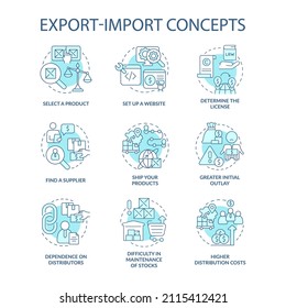 Export and import business turquoise concept icons set. Entrepreneurship idea thin line color illustrations. Isolated outline drawings. Editable stroke. Roboto-Medium, Myriad Pro-Bold fonts used