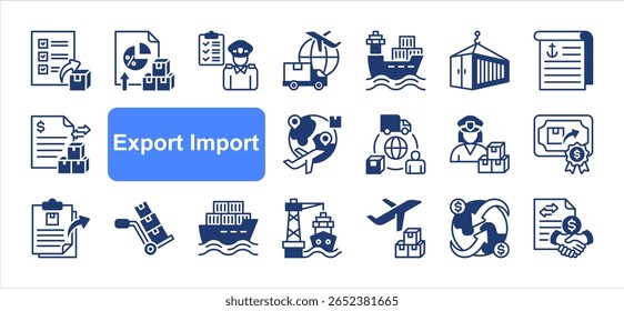 Export import editable stroke icon set, with Export, Import, Customs clearance, Trade, Logistics, Shipment, International shipping.