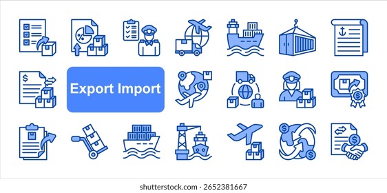 Export import editable stroke icon set, with Export, Import, Customs clearance, Trade, Logistics, Shipment, International shipping.