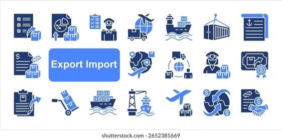 Export import editable stroke icon set, with Export, Import, Customs clearance, Trade, Logistics, Shipment, International shipping.