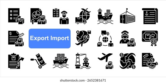 Export import editable stroke icon set, with Export, Import, Customs clearance, Trade, Logistics, Shipment, International shipping.