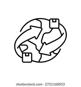 Globo de la importación de la exportación con la flecha y el icono del envío de la carga para el fondo blanco aislado del estilo de la línea de negocio internacional