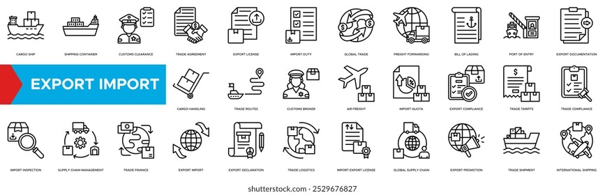 Icono Exportar importación. Barco de carga, contenedor de envío, despacho de aduanas, Acuerdo comercial, Licencia de exportación