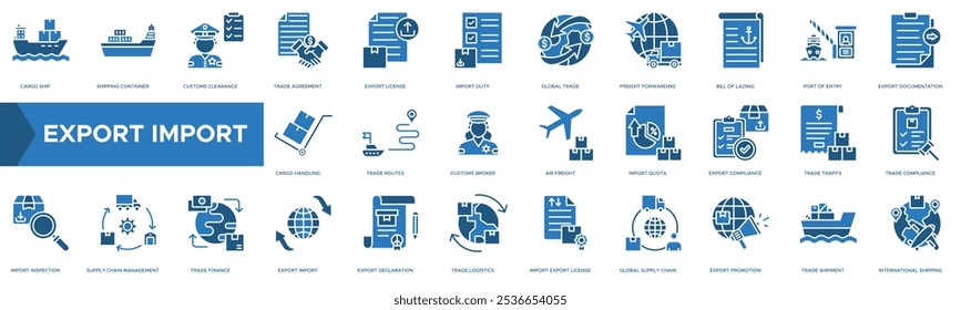 Symbol "Import exportieren". Frachtschiff, Versandcontainer, Zollabfertigung, Handelsabkommen, Ausfuhrlizenz