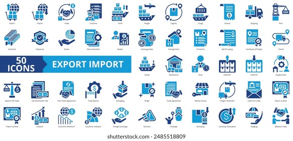 Export import icon collection set. Containing supply chain, trade, customs, tariff, freight, logistic, cargo icon. Simple flat vector.