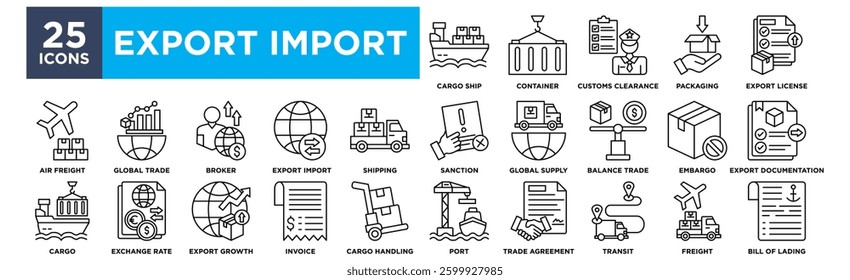 Export import icon collection set. Containing cargo ship,customs clearance,global supply,shipping,export license icon. Simple line vector.	