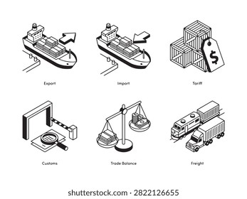 Export and Import Icon Set with Cargo Ship and Tariff—Ideal for International Trade and Logistics Concept Design